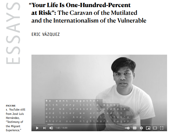 screen shot of title of article and You Tube still from migrant testimony project