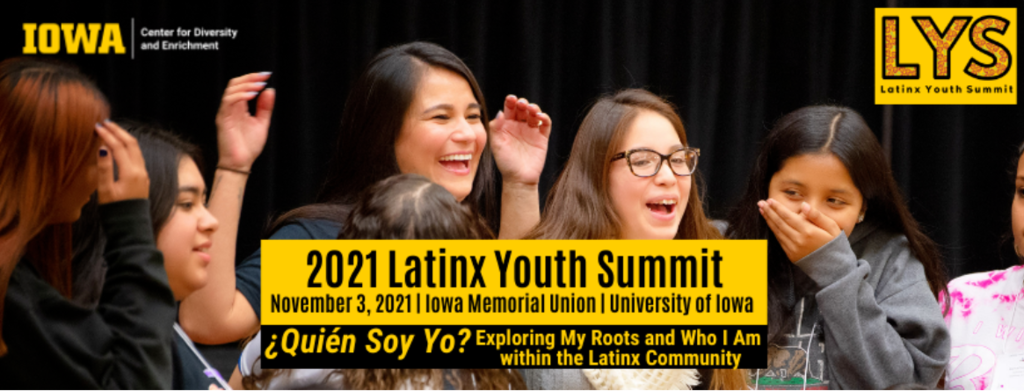 several students laughing as the background for 2021 Latinx Youth Summit info