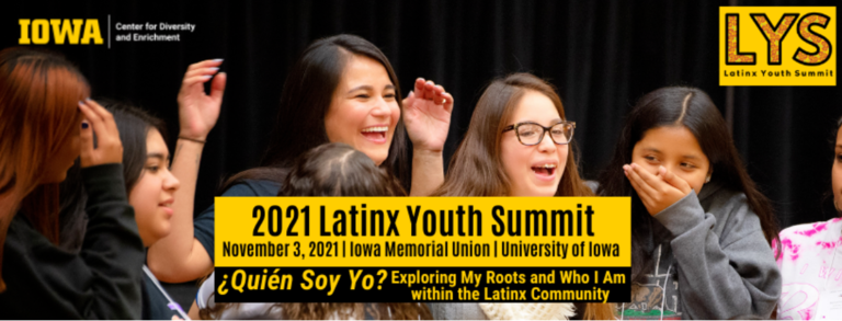 several students laughing as the background for 2021 Latinx Youth Summit info