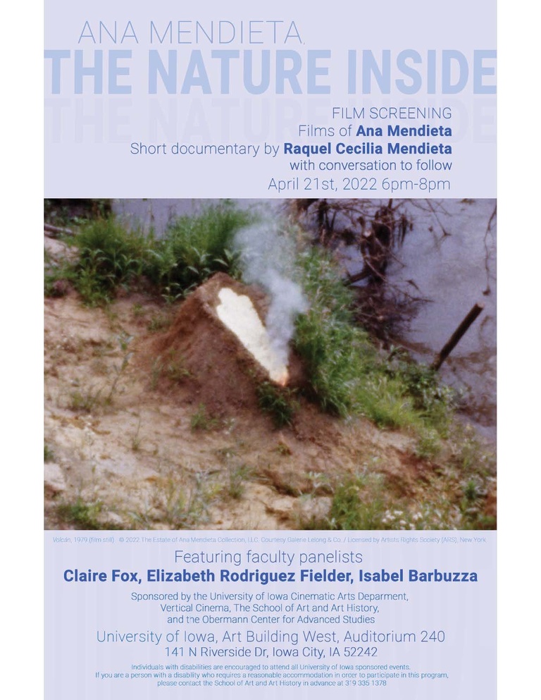 Ana Mendieta The Nature Inside poster for April 21, 2022 event